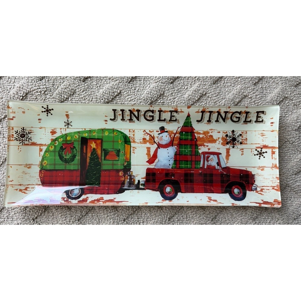 Santa‎ Prima Glass Serving Dish Tray Rectangle  Christmas Jingle Jingle Snowman